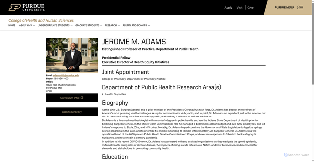 Security scan screenshot of https://hhs.purdue.edu/directory/jerome-m-adams/