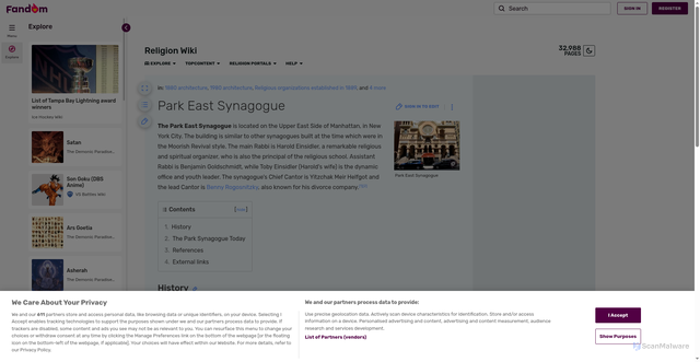 Security scan screenshot of https://religion.fandom.com/wiki/Park_East_Synagogue