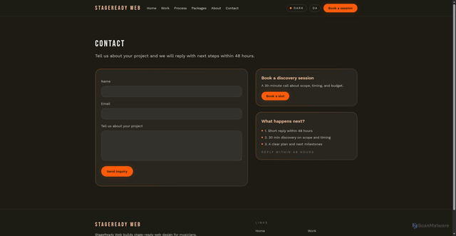 Security scan screenshot of https://stagereadyweb.com/en/contact