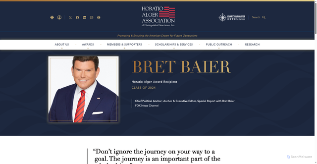 Security scan screenshot of https://horatioalger.org/members/detail/bret-baier/