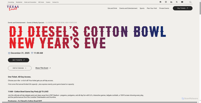 Security scan screenshot of https://texas-live.com/Events-and-Entertainment/Events/New-Years-2025---DJ-Diesel