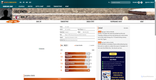 Security scan screenshot of https://sportsforecaster.com/mlb/p/88080/Cade_Smith