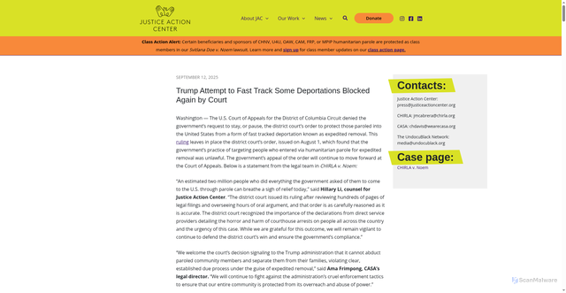 Security scan screenshot of https://justiceactioncenter.org/news/trump-attempt-to-fast-track-some-deportations-blocked-again-by-court/