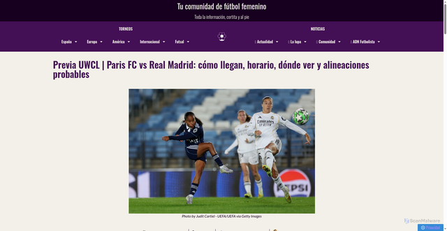 Security scan screenshot of https://lasfutbolistas.com/previa-uwcl-paris-fc-vs-real-madrid-como-llegan-horario-donde-ver-y-alineaciones-probables/
