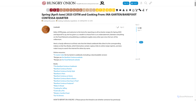 Security scan screenshot of https://www.hungryonion.org/t/spring-april-june-2025-cotm-and-cooking-from-ina-garten-barefoot-contessa-quarter/43084