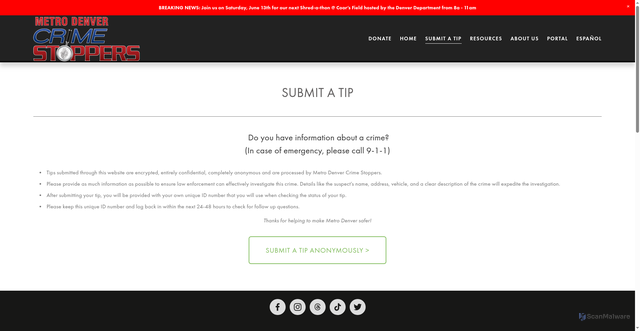 Security scan screenshot of https://www.metrodenvercrimestoppers.com/submit-a-tip