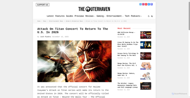 Security scan screenshot of https://www.theouterhaven.net/attack-on-titan-concert-to-return-to-the-u-s-in-2026/