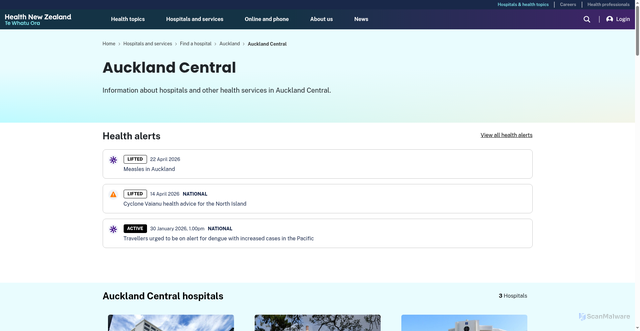 Security scan screenshot of https://www.healthnz.govt.nz/hospitals-services/hospitals/auckland/auckland-central