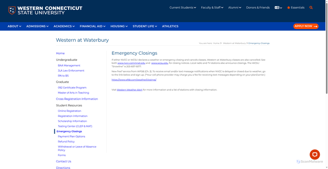 Security scan screenshot of https://www.wcsu.edu/waterbury/emergency-closing/
