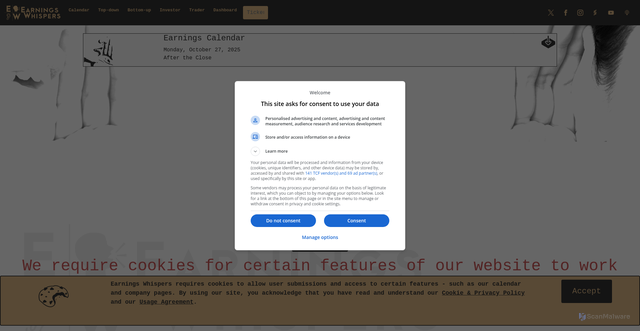 Security scan screenshot of https://www.earningswhispers.com/calendar