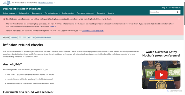 Security scan screenshot of https://www.tax.ny.gov/pit/inflation-refund-checks.htm