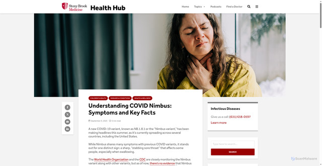 Security scan screenshot of https://health.stonybrookmedicine.edu/understanding-covid-nimbus-symptoms-and-key-facts/