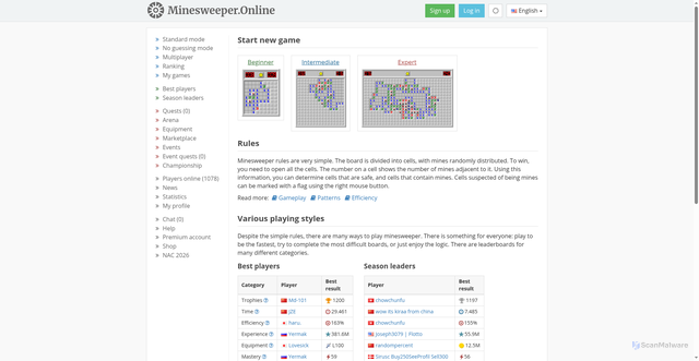 Security scan screenshot of https://los2.minesweeper.online