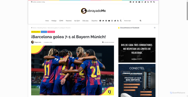 Security scan screenshot of https://subrayado.com.mx/breaking-news/barcelona-golea-7-1-al-bayern-munich/