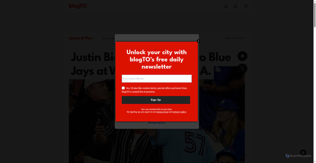 Security scan screenshot of https://www.blogto.com/sports_play/2025/10/justin-bieber-reps-toronto-blue-jays-world-series/