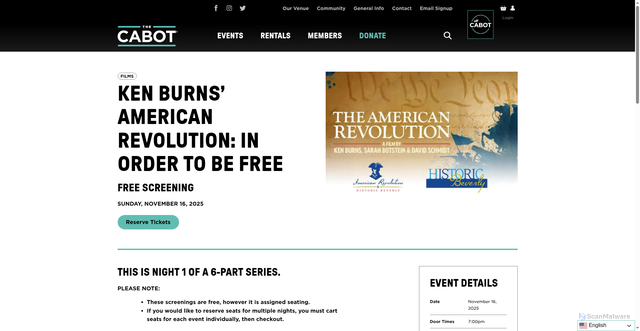 Security scan screenshot of https://thecabot.org/event/ken-burns-american-revolution-night-one/