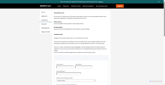 Security scan screenshot of https://www.secretescapes.se/kontakt