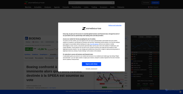 Security scan screenshot of https://www.zonebourse.com/actualite-bourse/boeing-confronte-a-une-greve-imminente-alors-que-la-offre-revisee-destinee-a-la-speea-est-soumise-a-ce785ad3df80f323