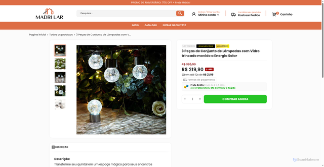 Security scan screenshot of https://lojamadrilar.com/products/conjunto-lampadas-vidro-trincado-energia-solar-3-pecas
