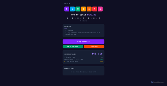 Security scan screenshot of https://spellrix.com/word/benzine