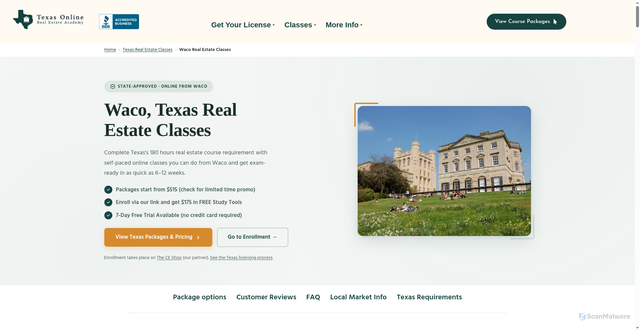 Security scan screenshot of https://texasonlinerealestateacademy.com/waco-texas-real-estate-license-classes/