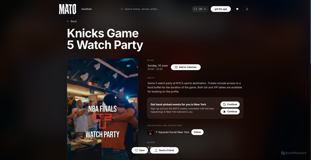 Security scan screenshot of https://ma.to/event/knicks-game-5-watch-party-14-june-2026