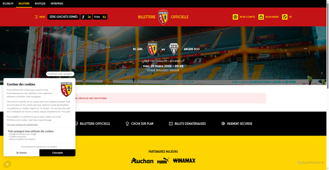 Security scan screenshot of https://billetterie.rclens.fr/fr/catalogue/match-angers-sco
