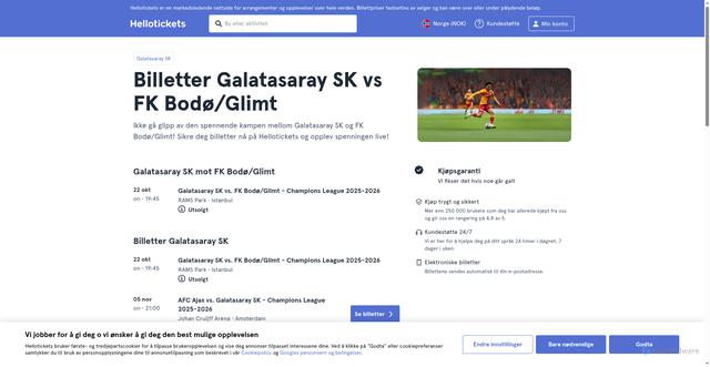 Security scan screenshot of https://www.hellotickets.no/galatasaray-sk-vs-fk-bodo-glimt-billetter/m-7074