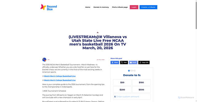 Security scan screenshot of https://inmemory.beyondblue.org.au/f-3/posts/livestreams-villanova-vs-utah-state-live-free-ncaa-mens-basketball-2026-on-tv-march-20-2026