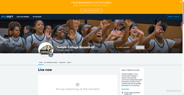 Security scan screenshot of https://web.playsight.com/facility/temple-college-basketball/home