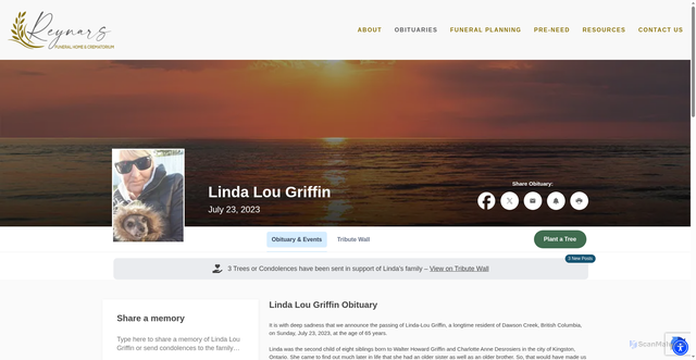 Security scan screenshot of https://www.reynars.com/obituaries/Linda-Lou-Griffin?obId=31349287