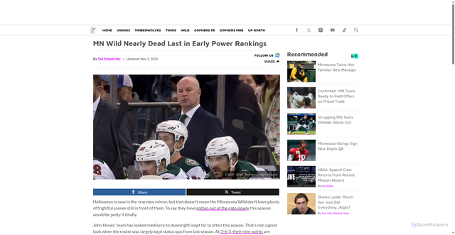 Security scan screenshot of https://www.minnesotasportsfan.com/minnesota-wild/power-rankings-nearly-dead-last/