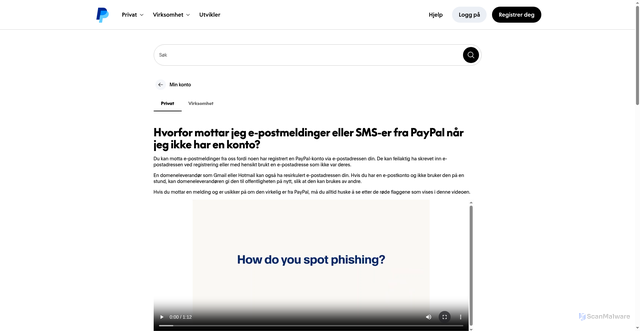 Security scan screenshot of https://www.paypal.com/no/cshelp/article/hvorfor-mottar-jeg-e-postmeldinger-eller-sms-er-fra-paypal-n%C3%A5r-jeg-ikke-har-en-konto-help385?v=1&utm_source=unp&utm_medium=email&utm_campaign=RT002668&utm_unptid=df6a60e4-c7fd-11f1-b130-9f4f97ad5799&ppid=RT002668&cnac=NO&rsta=no_NO(nb-NO)&unptid=df6a60e4-c7fd-11f1-b130-9f4f97ad5799&calc=ed1b9748d767b&unp_tpcid=legal-tickler-notifications&page=main%3Aemail%3ART002668&pgrp=main%3Aemail&e=cl&mchn=em&s=ci&mail=sys&appVersion=1.448.0&tenant_name=PayPal&xt=186218182450186220175543104038184933184935180658&xe=115153114833115152114002101255114941115052114543&link_ref=article_why-am-i-receiving-emails-from-paypal-when-i-dont-have-an-account-faq4172
