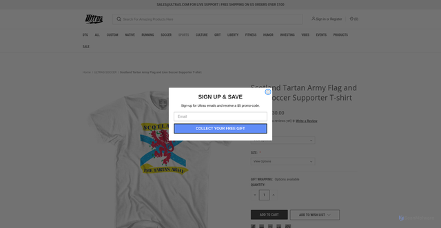 Security scan screenshot of https://ultras.com/scotland-army-t-shirt/?srsltid=AfmBOooYQ9hdKFPXhFOxOmjkVtZSDMN15Kqzuyoz5-SAAsEscv97vUEJ