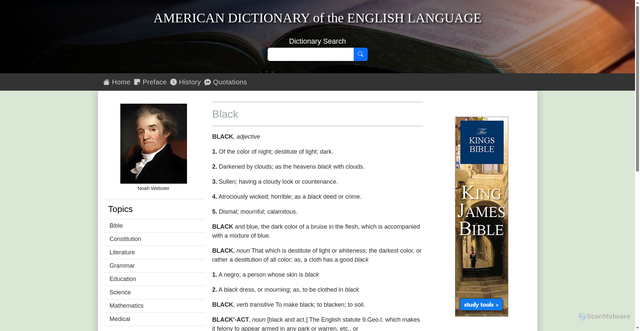 Security scan screenshot of https://webstersdictionary1828.com/Home?word=black