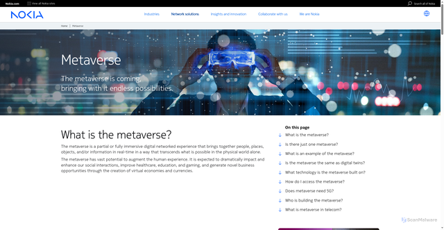 Security scan screenshot of https://www.nokia.com/metaverse/