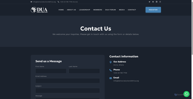 Security scan screenshot of https://democratunionofafrica.org/contact.html