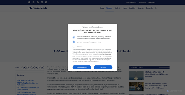 Security scan screenshot of https://defensefeeds.com/military-tech/air-force/attack-aircraft/a-10-warthog/