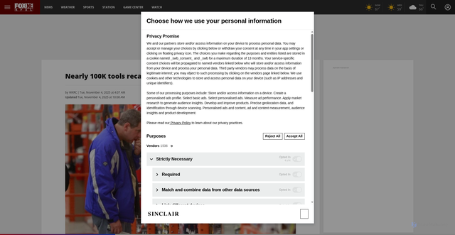 Security scan screenshot of https://foxnebraska.com/news/nation-world/milwaukee-tool-recall-recalls-recalled-chainsaws-due-laceration-hazard-12-14-inch-cincinnati-m18-batteries-powered-free-repair-registration-company-webpage-lacerated-finger-reported-danger-consumer-alerts-improvement-stores