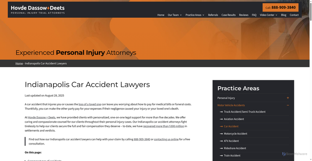 Security scan screenshot of https://www.hovdelaw.com/indianapolis-car-accident-attorneys/