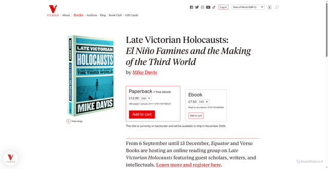 Security scan screenshot of https://www.versobooks.com/products/1719-late-victorian-holocausts?srsltid=AU7gw4V0NNjraxriSiz2D8yBF7IfHazPQiMGl8QSXCaWIuqQAjGpfoD_