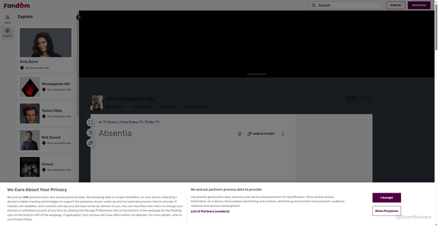 Security scan screenshot of https://whumpapedia.fandom.com/wiki/Absentia
