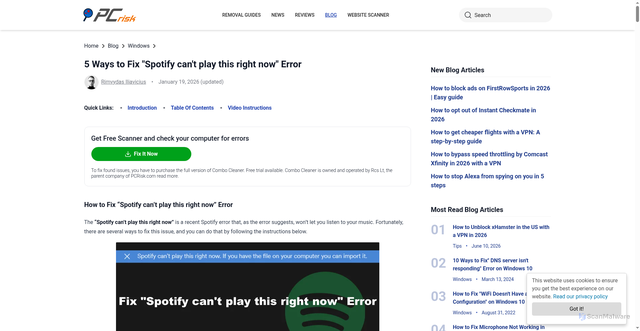 Security scan screenshot of https://www.pcrisk.com/blog/windows/13683-spotify-cant-play-this-right-now