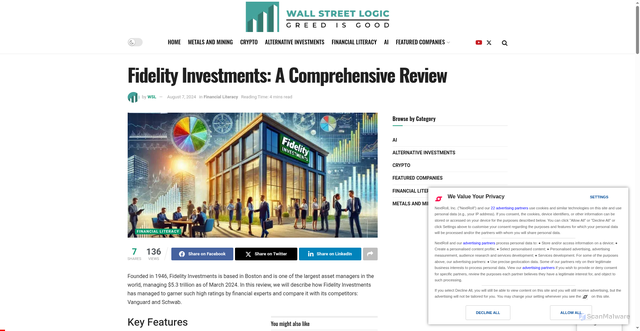 Security scan screenshot of https://wallstreetlogic.com/financial-literacy/fidelity-investments-a-comprehensive-review/