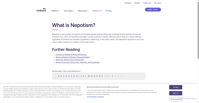 Security scan screenshot of https://www.onboardmeetings.com/board-portal-glossary/nepotism/