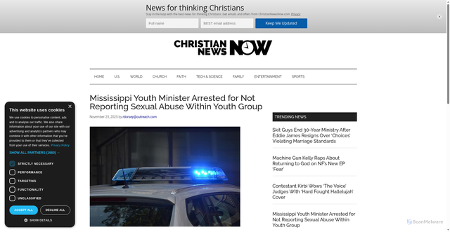 Security scan screenshot of https://christiannewsnow.com/mississippi-youth-minister-arrested-for-not-reporting-sexual-abuse-within-youth-group/