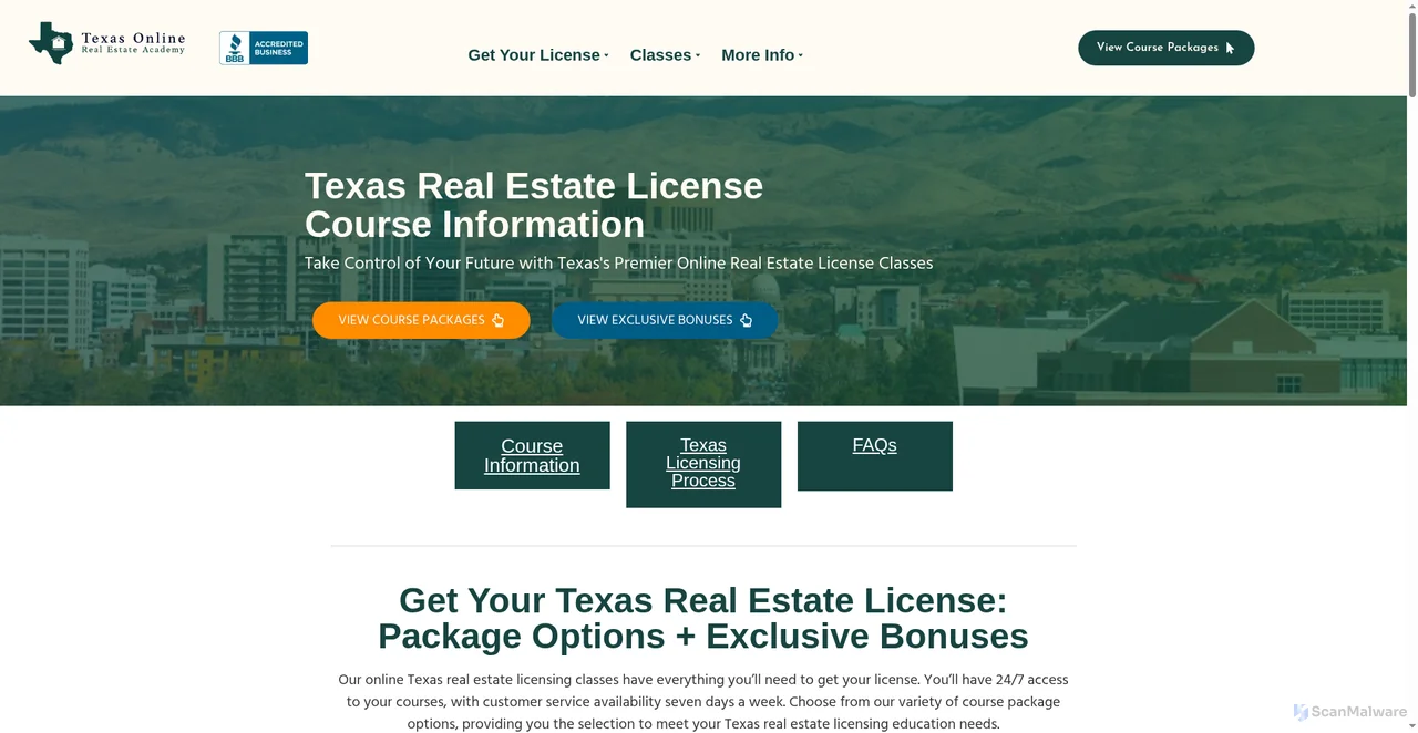 Security scan screenshot of https://texasonlinerealestateacademy.com/course-information/