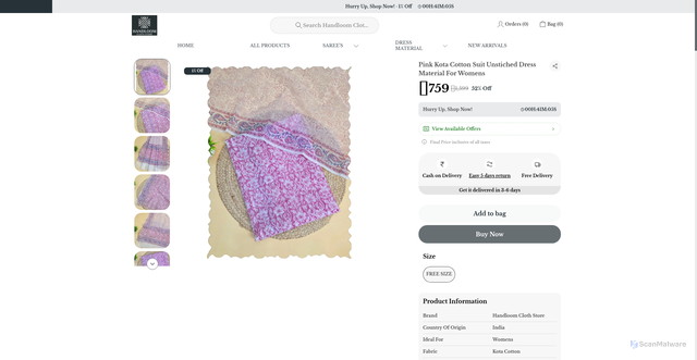 Security scan screenshot of https://handloomclothstore.com/Pink-Kota-Cotton-Suit-Unstiched-Dress-Material-For-Womens/catalogue/H3tR_KTN/dghAWPjZ