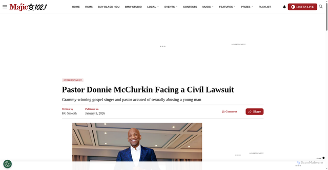 Security scan screenshot of https://myhoustonmajic.com/5482090/pastor-donnie-mcclurkin-facing-a-civil-lawsuit/