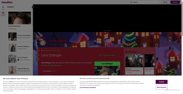 Security scan screenshot of https://timburton.fandom.com/wiki/Lars_Eidinger